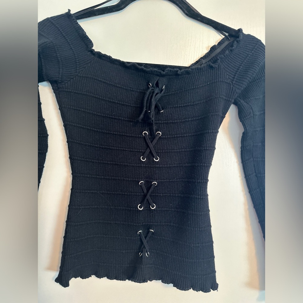 Black Ribbed Lace-Up Sweater